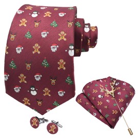 LIEOLGOH Christmas Tie for Men Christmas Classic Pattern Xmas Party Festive Ties with Pocket Square Cufflinks Brooch Set, Santa Claus