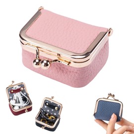 Genuine Leather Mini Jewelry Box,Mini Jewellery Travel Case for Women,Vintage Kiss Lock Coin Purse,Portable Travel Case for Earrings/Rings/Necklaces/Private Seal/Earphones (D-Pink 1pcs)