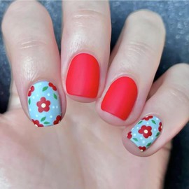 Red Press on Nails Short Square Fake Nails with Flower Leaf Designs Light Blue False Nails Cute Spring Artificial Nail Cute Full Cover Reusable Summer Glue on Nail for Women Girls Manicure 24pcs