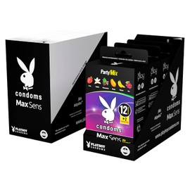 Playboy - Party Mix 56 pz - Mix de Condones Extra Delgados: Fresa, Vainilla, Chocomenta, Mango, Plátano y Uva - 4 Packs de 14 pz
