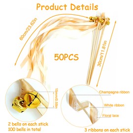 Wedding Wands, Pack of 50 Sticks with 100 Large Bells and 150 Wedding Ribbons, Silk Fairy Sticks, Guest Gifts for Parties, Magic Wands, Wedding Streamers, for Weddings, Birthdays, Holiday Parties