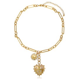 MISS RIGHT Gold Love Heart Sun Charm Chunky Paperclip Chain for Women Trendy 18K Gold Plated Coin Pendant Choker Necklace Unique Cubic Zirconia Jewelry Gifts for Her