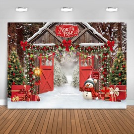 Fitumiw Christmas Backdrop 8x6ft North Pole Snowy Winter Forest Wooden Barn Door Photography Background Party Decorations Xmas Trees Family Holiday Banner Photo Booth Props