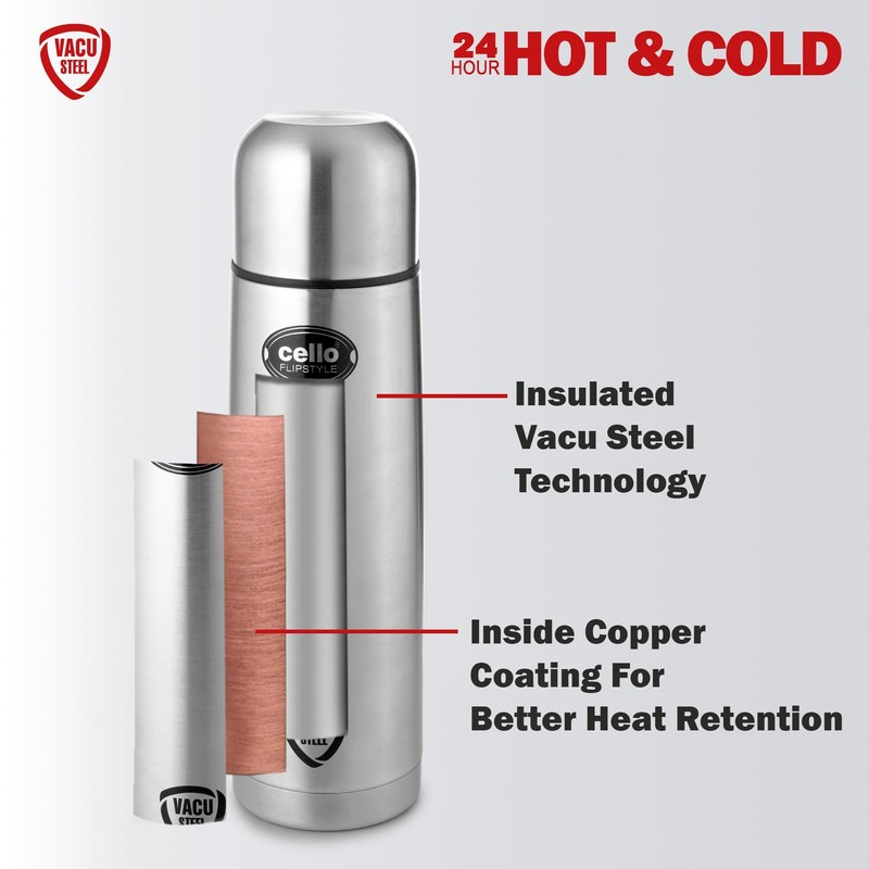 Cello Flipstyle Stainless Steel Vacuum Insulated Flask with Flip Lid