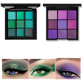 9 Colours Portable Matte Eyeshadow Micro Shimmer High Pigment Eye Shadow Set, 2 Pieces Green and Purple Cosmetic Set for Stage Makeup, Party Makeup