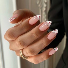 24pcs False Nails French,Cherry pattern Droplet-shaped French Fake Nails Short, Lovely Cherry French Press on Nail,Stick on Nails for Women & Girls Nail Art