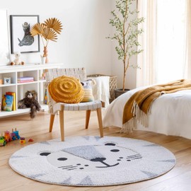 Hauteloom Kids Room, Nursery Round Area Rug - Outdoor Patio Safe - Animal Baby Lion Playroom Carpet - Beige, Gray, Black, Cream - 7'10"