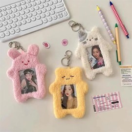 DPWOUM Pink Cute Plush Photocard Holder with Keychain, 6.3 X 5.12 In Cartoon Bear Rabbit Cat Photo Sleeve Cartoon Plush Photo Sleeve Protective Case Photo Albums