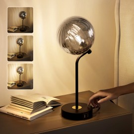 HYMELA Glass Table Lamp 3-Way Dimmable Bedroom Globe Desk Light USB A+C Charging Port