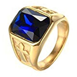 PMTIER Men's Stainless Steel Vintage Gold Cross Statement Ring with Blue Stone Size Y
