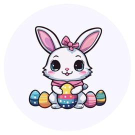 24 x 40mm Round 'Easter Bunny with Eggs Kawaii Style' Stickers (SK00063511)