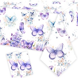 Letromp 2Pack Butterfly Birthday Tablecloth Watercolor Purple Butterfly Table Covers for Spring Butterfly Theme Girls Baby Shower 1st 2nd 3rd 4th Bday Party Table Supplies Decorations