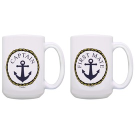 ThisWear Captain First Mate Couples Sailing Nautical Boat Decor 2 Pack 15oz Ceramic Coffee Mugs Set Nautical Classic