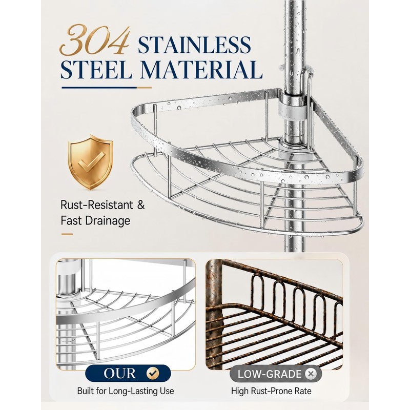 SEIRIONE Rustproof Shower Corner Caddy Organizer for Bathroom, 4 Adjustable
