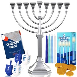 Complete Hanukkah Menorah Kit Traditional Grace Menorah - Satin Silver, 44 Hanukkah Candles, 4 Dreidels, Chanukah Guide, Sack of Chocolate Gelt - Complete Chanukah Bundle by Zion Judaica