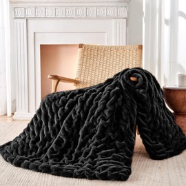 Faux Rabbit Fur Throw Blanket, Fuzzy Soft Plush Thick Bubble Blanket Throw, Luxurious Elegant Warm Reversible Velvet Mink Blanket for Couch Bed Sofa, Living Room Bedroom (50" x 60", Black)