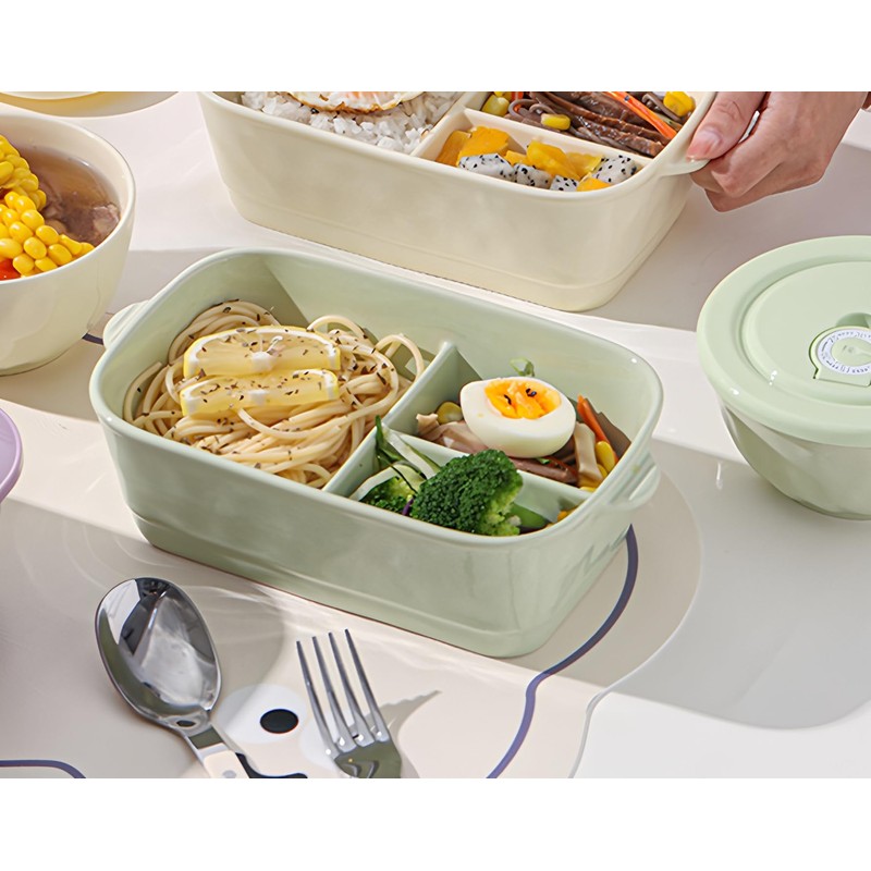 Ceramic Lunch Box with Compartment, Lunch Box with Lid, Green