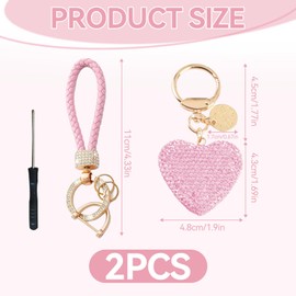Lpolkvemelh Heart Keyring, Car Key Ring for Women with 1 Anti-Lost D-Ring, 2 Key Rings, Pink Heart-Shaped Glitter Rhinestones, Bag Charm for Bags, Handbags, Car Keys, pink, Unit size