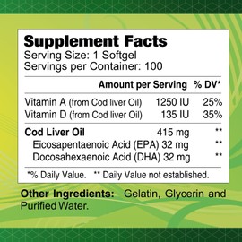 ALFA VITAMINS® Cod Liver Oil Fish Liver Oil 1250 Iu 100 Softgels - Vitamin a - Vitamin