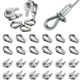 Prmape Pack of 24 Wire Rope Clamps 2 mm, 12 Pieces Rope Clamp M2 + 12 Pieces M2 Thimbles, Wire Rope Clamps 304 Stainless Steel, U-Bolt Bow Shape Steel Cable Rope Connector for Wire Rope Steel Cable