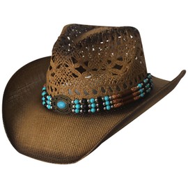 Wildarms Western Cowboy Hat for Women Men Wide Brim Woven Straw Cowboy Hat for Men Cowgirl Exquisite Decoration Band 7 3/8 (Brown,LU12893)