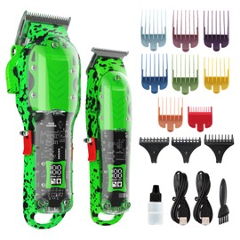 Professional Hair Clippers for Men, Cordless Barber kit for Hair Cutting & Grooming, Green Hair Clippers and Trimmer Set for Barber Haircut with LED Display, 8 Fade Taper Combs