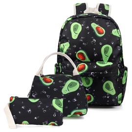 Avocado Backpack Set 3-in-1 Kids School Bag, Junlion Laptop Backpack Lunch Bag Pencil Case Gift for Teen Girls Womens Black