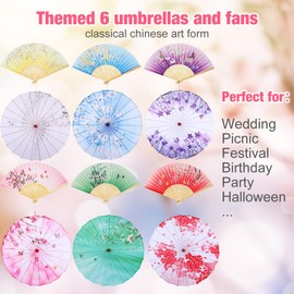 Dansydaisy 12 Pcs Oiled Paper Umbrella and Folding Hand Fan 32" Chinese Japanese Parasol Paper Fan for Wedding Party Cosplay