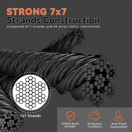 Ranbebi 200 FT Black Stainless Steel Wire Rope 1/8" T316 High Strength Steel Wire Rope Cable for Deck Railing, Stair and Construction