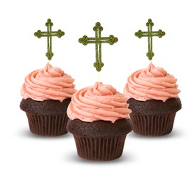 Easter Cross first communion Cupcake Topper card stock Color 12 pc Pack Decoration Gold