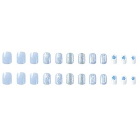 Christmas Press on Nails Short Square Fake Nails Blue White False Nails with Snowflake Design Christmas Tree Glue on Nails Glossy Acrylic Silver Glitter Full Cover Stick on Nails for Women Manicure