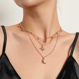 Enautoabs Bohemia Layerd Moon Star Necklace Northstar Pendant Necklaces Gold Plated Moon Chain Necklace Crecsent Chain Choker Jewelry for Women