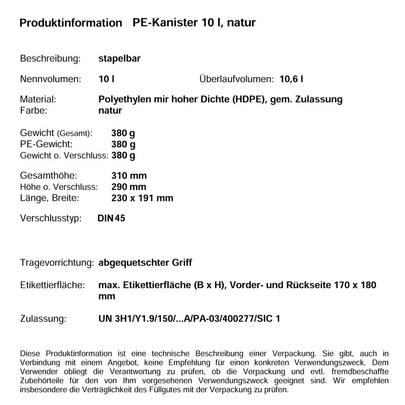 1 x 10 Litre Empty Canister with Safety Lock Food