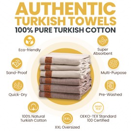 GOLD CASE HOME COLLECTION LYCIA Turkish Beach Towel Set of 6-100% Cotton Beach Towels - Oversized Turkish Towels Set - Quick Dry & Sand Free Beach Towel - 70 x 38 Inches - Lycia-Beige-Brown