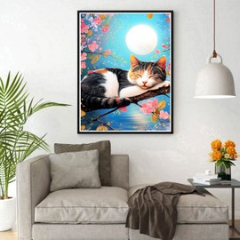 DPHERO Sleeping Cat Diamond Painting Kits for Beginners Adults,5D DIY Moon Diamond Art Kits,Round Full Drill Flowers Gem Art Crafts Kits,DIY Painting by Numbers for Home Wall Decor 12x16 inch