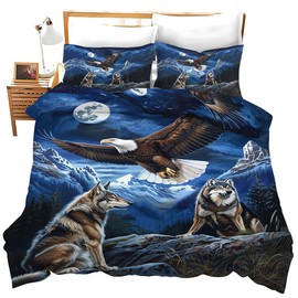 Lovira Bald Eagle Wolf 3D Print 3 Pieces Bedding Comforter Set with 2 Pillowcase Twin Size Duvet Cover Bed Sheet Quilt Stuff Bedroom Decor for Lover Adults Kids