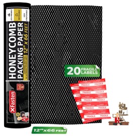 XFasten Papel de embalaje panal - Rollo de cojín de 12 x 66 pies Negro con 20 etiquetas adhesivas frágiles