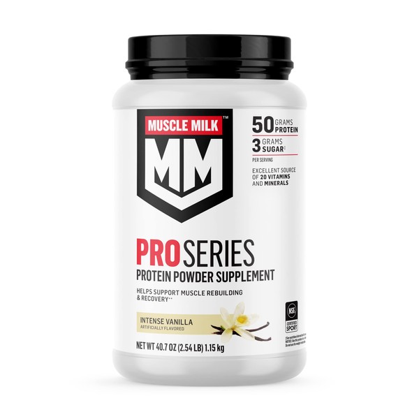 Muscle Milk Pro Series Protein Powder Supplement, Intense Vanilla, 2.54 Pound, 14 Servings, 50g Protein, 3g Sugar, 20 Vitamins & Minerals, NSF Certified for Sport, Workout Recovery, Packaging May Vary