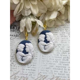 FANCY FOX BOUTIQUE Gold new Mom Baby Boy Blue Gift Setting Mother Child Earrings Cameo Birthday
