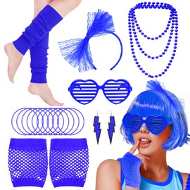 80s Fancy Dress Accessories Set, 1980s Retro Costume Kit with Bow Headband Leg Warmers Fishnet Gloves Earrings Necklace for Women Girls 80s Theme Party Hen Do Party Supplies (Dark Blue)