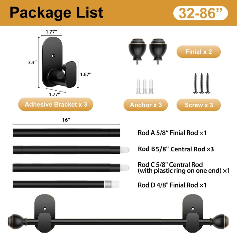 KAMANINA Curtain Rods No Drilling for Windows 32 to 86