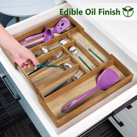 Utoplike Teak Silverware Drawer Organizer Expandable, Large Utensils Kitchen Organizers Cutlery Holder Tray Adjustable Organiser, Drawer Divider for Flatware, Knives, 6-8 Slots