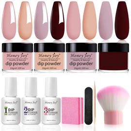 Honey Joy Dip Powder Nail Kit Starter,4 Colors Gentle Nude Brown Pink Neutral Skin Dipping Powder Liquid Set with Base Top Coat for Nail Art Manicure Salon DIY No LED Nail Lamp Needed，Dip-7pcs-07