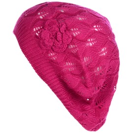 BYOS Chic Parisian Style Lightweight Crochet Beret Beanie Hat with Flower Adornment, More Styles (Fuchsia Leafy)
