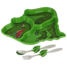 KidsFunwares Funwares Engaging Green T-Rex Dinosaur Themed Kids' Dinnerware Set: Durable, Divided Plate, Ideal for Picky Eaters, Educational Mealtime, Easy Cleaning, Gift for Toddlers