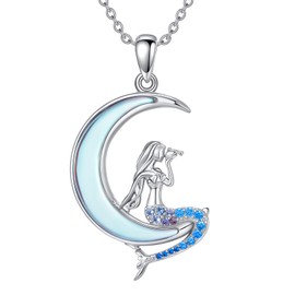 WINNICACA Mermaid Necklace 925 Sterling Silver Moonstone Pendant Jewelry Little Mermaid Moon Necklace Christmas Birthday Gifts for Women Daughter, Normal Size, Sterling Silver, Moonstone