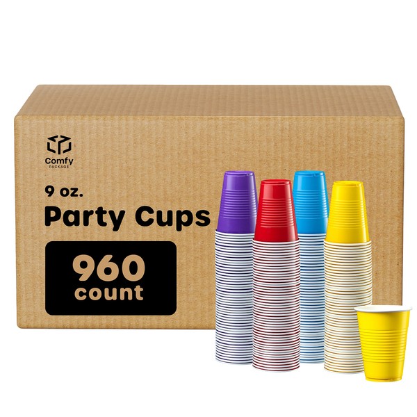 Comfy Package [Case of 960 9 oz. Disposable Party Plastic Cups - Assorted Colors Drinking Cups