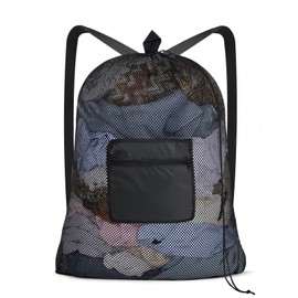 OTraki Mesh Laundry Bag Backpack 24x32 Inch Gym Drawstring Backpack Travel Dirty Clothes Bags with Pocket & Adjustable Shoulder Straps for College Dorm Apartment Don't Drying, Melting 140-176℉ (Black)