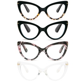 MMOWW Cat Eye Reading Glasses for Women Fashion Cute Blue Light Blocking Readers 4 Pack, Black/Black Tortoise/Red Powder/Transparent +2.25