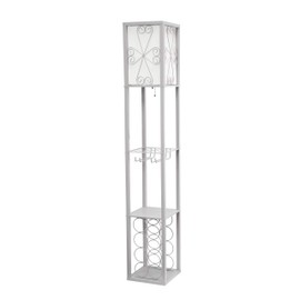 Simple Designs LF1015-GRY Three Shelf Etagere Organizer Storage and Wine Rack Floor Lamp with White Linen Shade, Gray